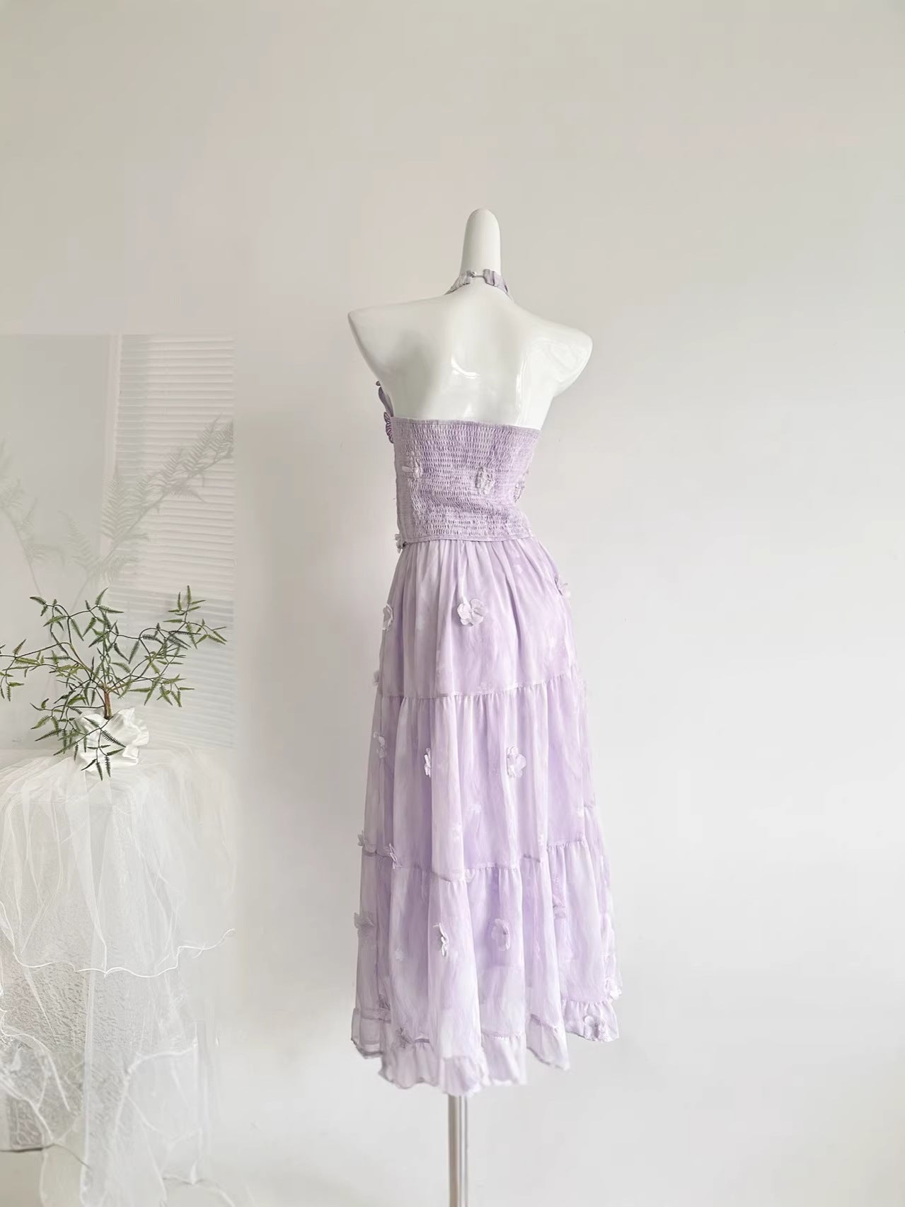 "Xinxing" Summer Slightly Tipsy Rosemary Purple Gradient Three-Dimensional Floral Lace Halter Top and Skirt Two-Piece Set