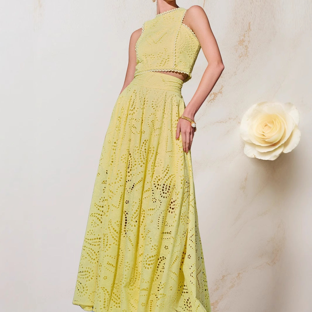 2025 Cross-border European and American Spring and Summer New Lace Women's Sleeveless Dress Pocket suit Casual Loose Two-piece Set