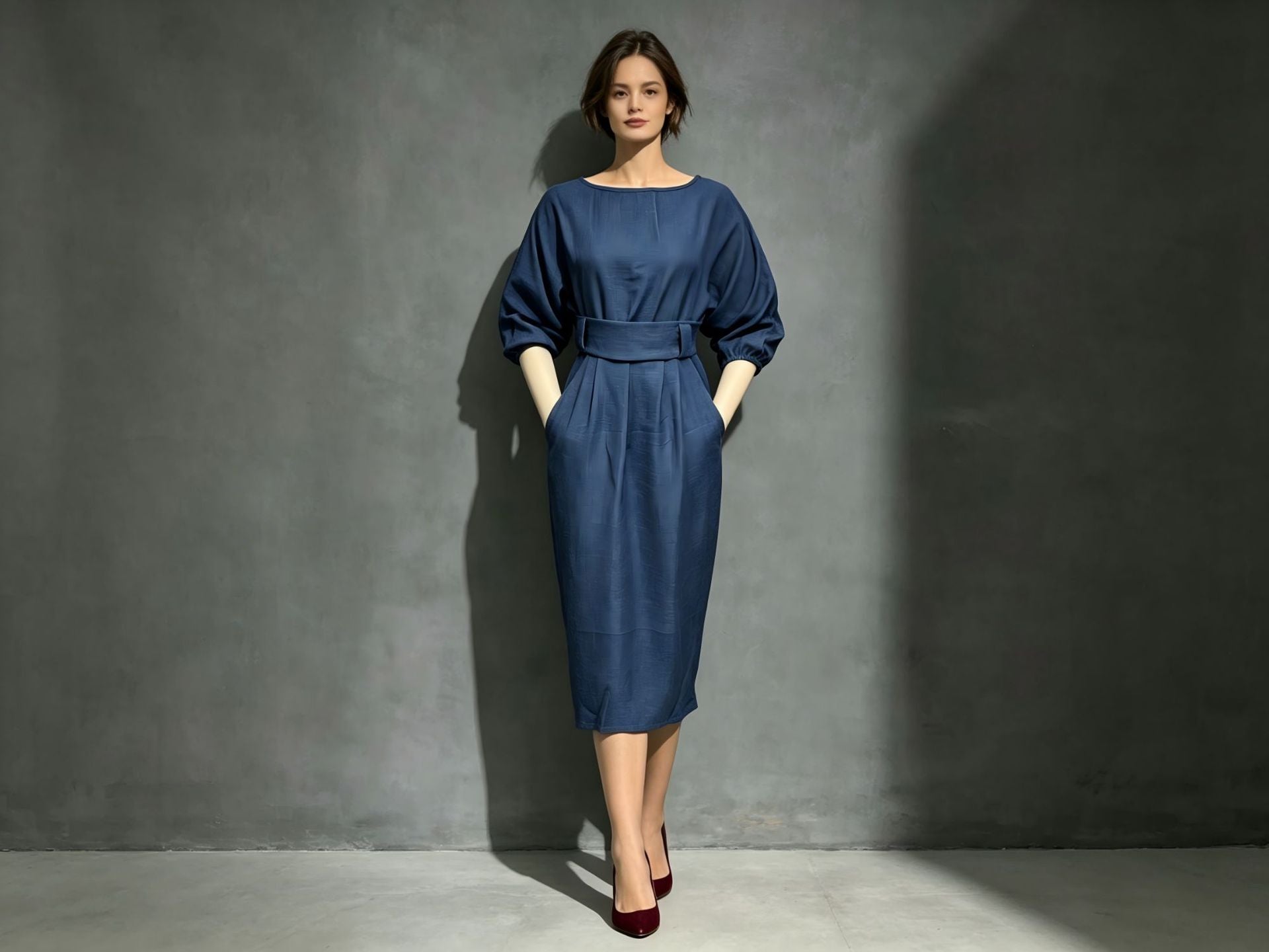 Spring and Autumn Style Women's Elegant Boat-Neck A-Line Dress with Puff-Sleeve Top and High-Waisted Pleated Skirt, Showcasing a Vintage Look
