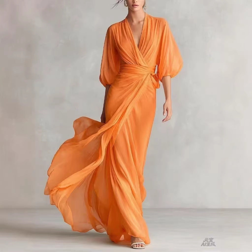 2026 European and American Amazon Socialite Deep V-Neck Long Dress with Lantern Sleeves and Cinched Waist for Romantic Autumn Banquets