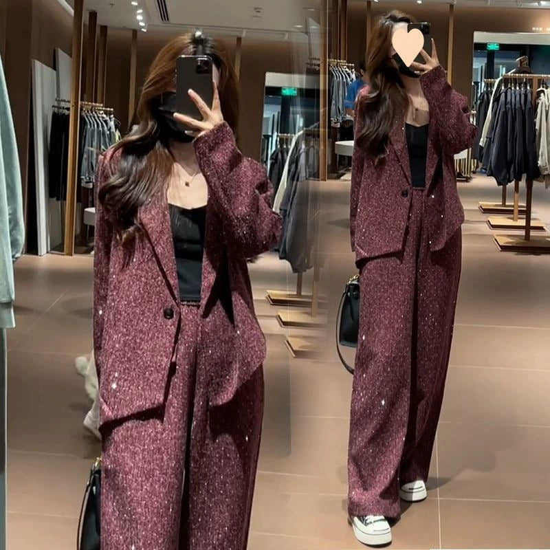 Fashionable Women's Autumn New Style Chanel-Inspired Slim-Fit Blazer and Wide-Leg Pants Two-Piece Set in Black