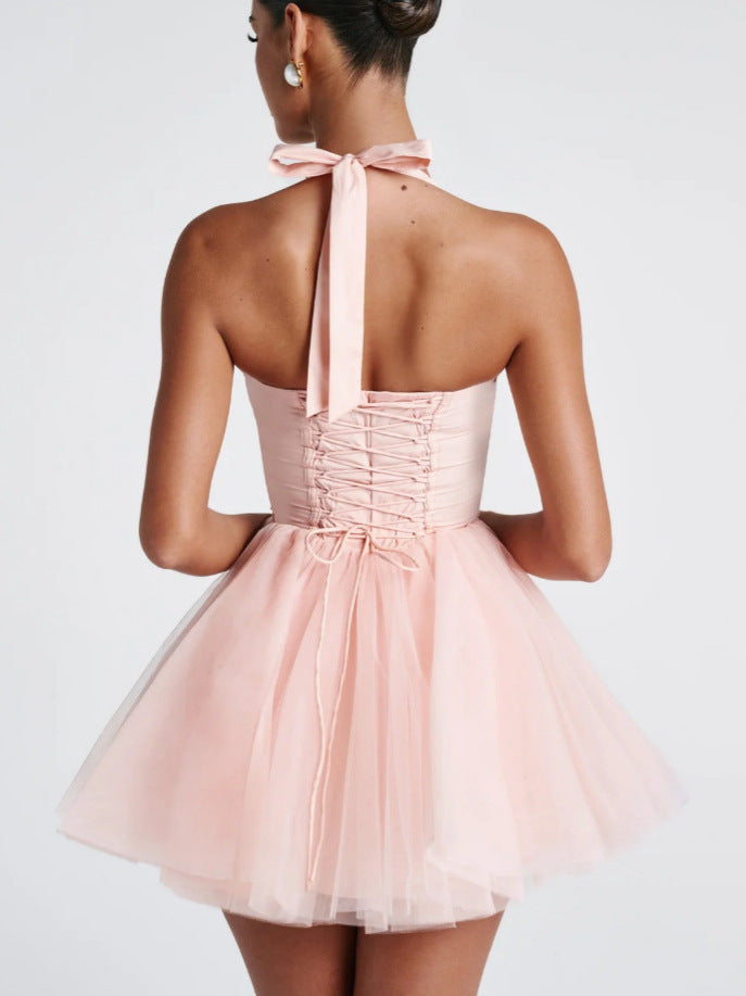 Sweet Fishbone Halterneck Lace-Up Dress for Women 2023 Summer New Style Personalized Lace Splicing Waist Tutu Skirt