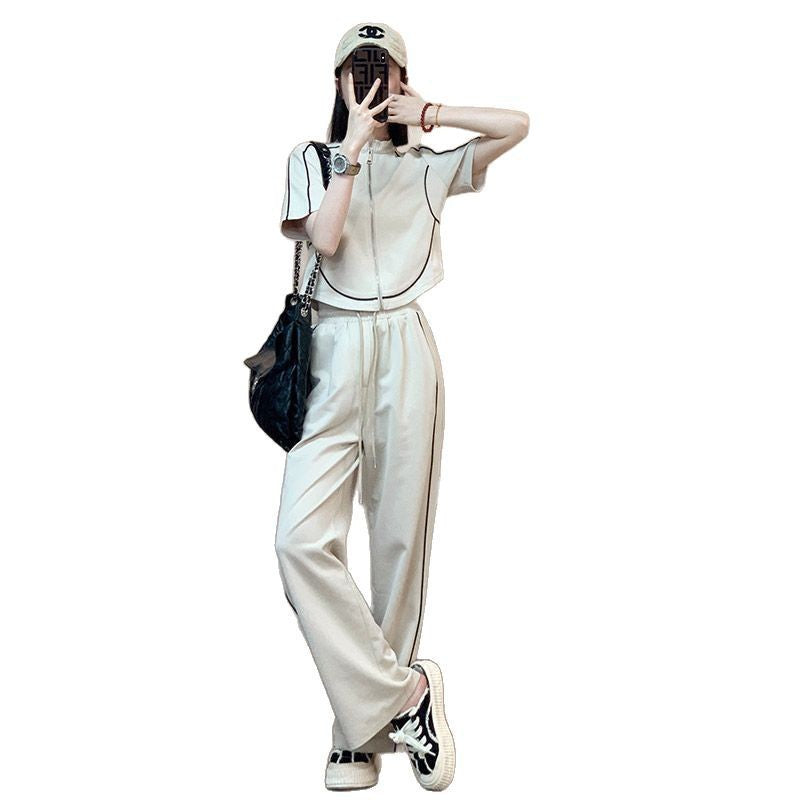 Design Sense Casual Sports suit Women's Summer Tight Waist Zipper Short-sleeved Street Wide-leg Pants Two-piece Fashionable Set