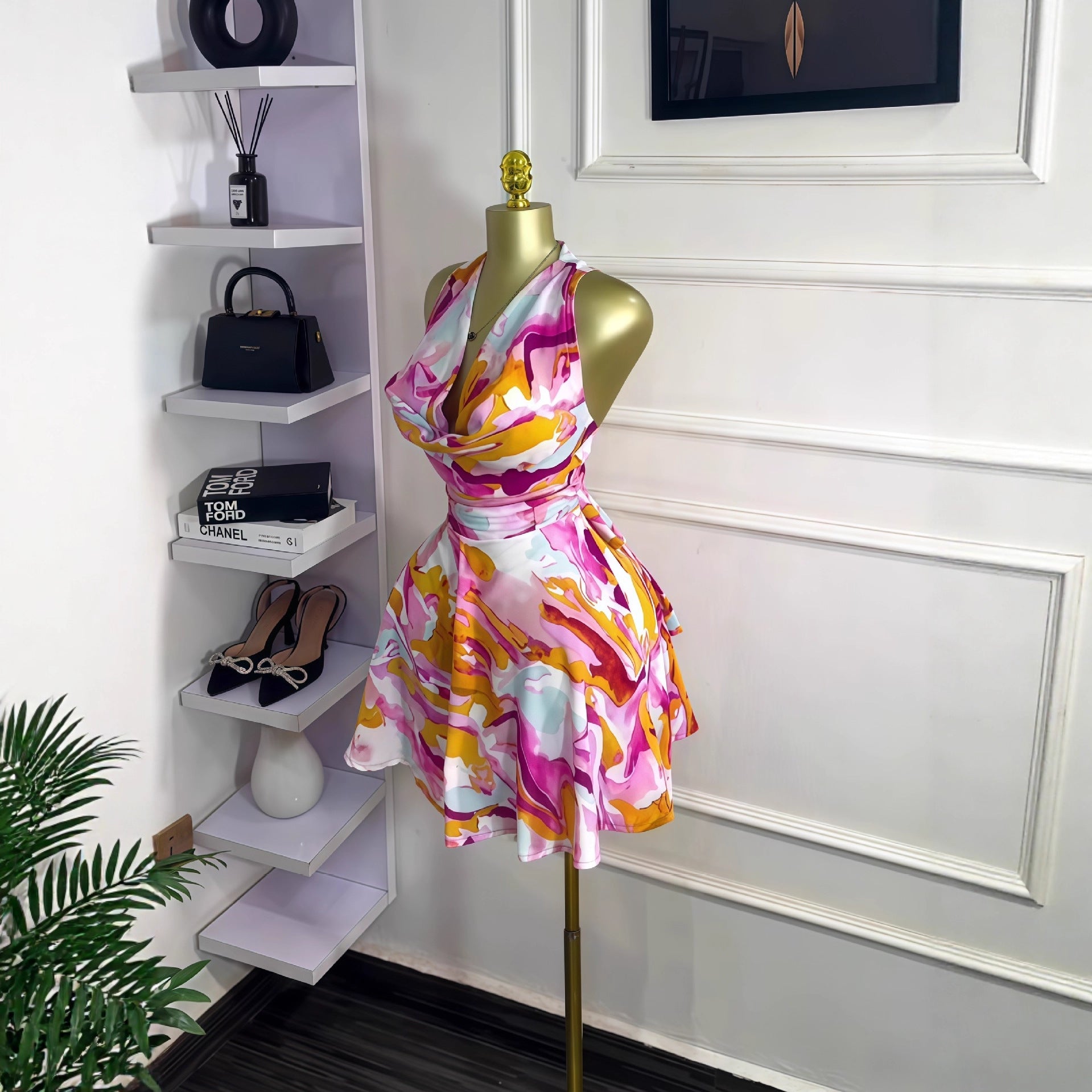 European and American Cross-Border Women's Clothing 2025 New Autum Sleeveless Swing Collar Waist Strap Elegant Printed Short Dress