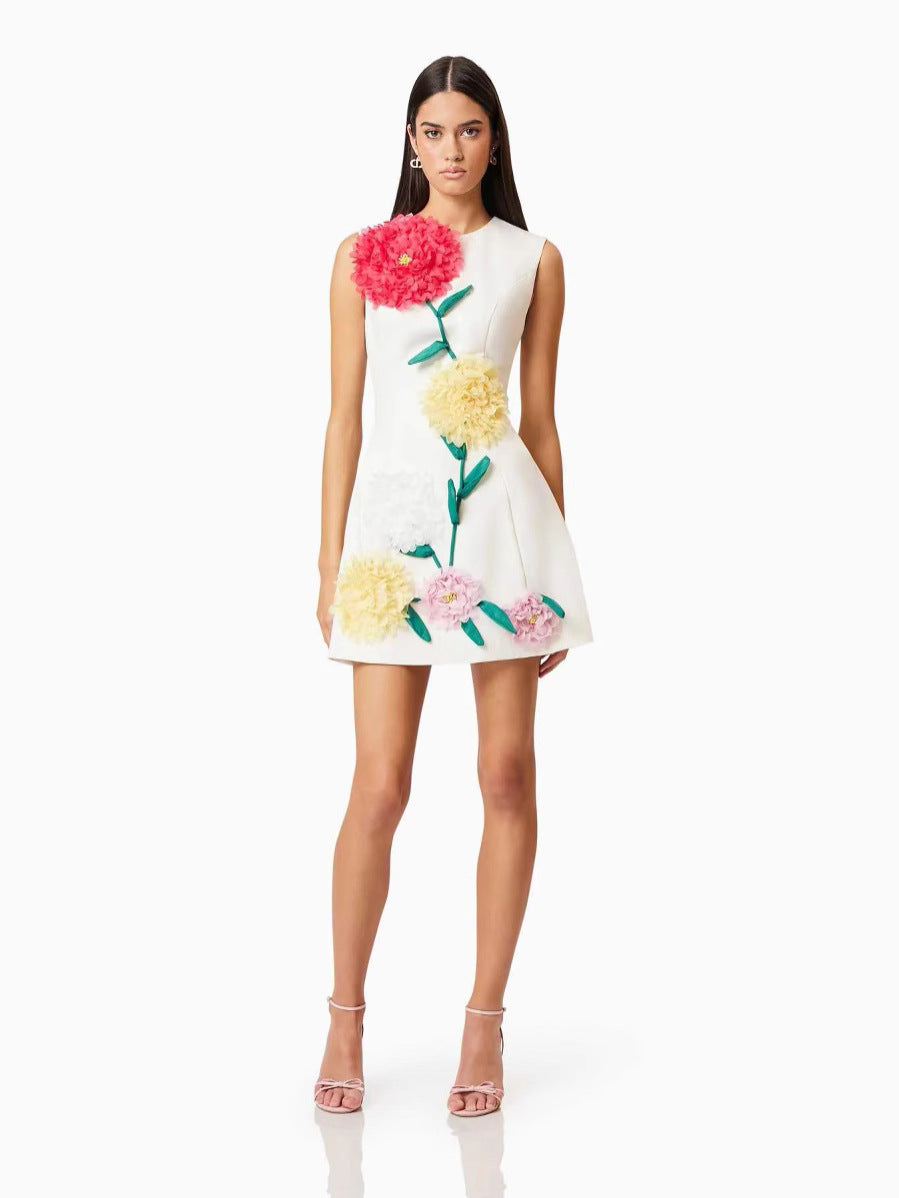 Vintage Fashion Niche Three-dimensional Decorative dress 2025 New Flower Slim-fit Slimming Round Neck Sleeveless Midi Dress