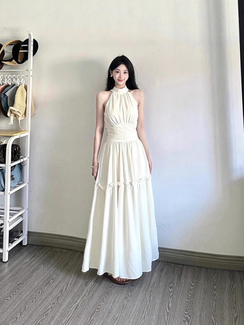 Seaside Resort Style White Sleeveless Halterneck Dress Women's Summer Design Waist Slimming Long Skirt