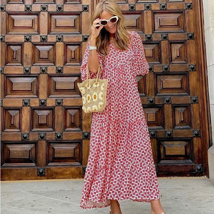 2023 Autumn New Independent Station Best Selling Geometric Print Puff Sleeve Dress Street Street Street Plus Size Women's Clothing