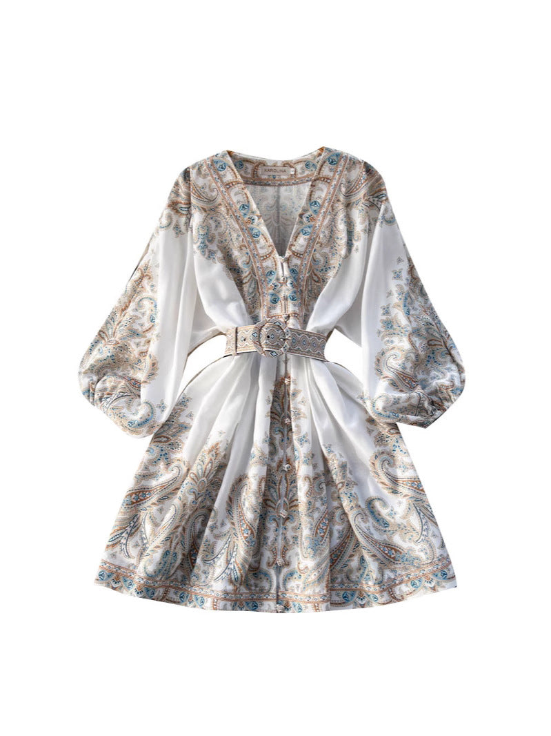 Disney-Inspired French Retro Floral V-Neck Lantern Sleeve Midi Dress