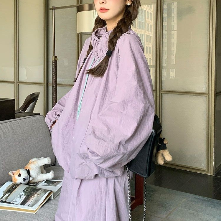 Fashionable and Stylish Sports Suit for Women, Summer Purple Lazy Style Sun Protection Jacket, Jacket and Trousers, Casual Two-Piece Set