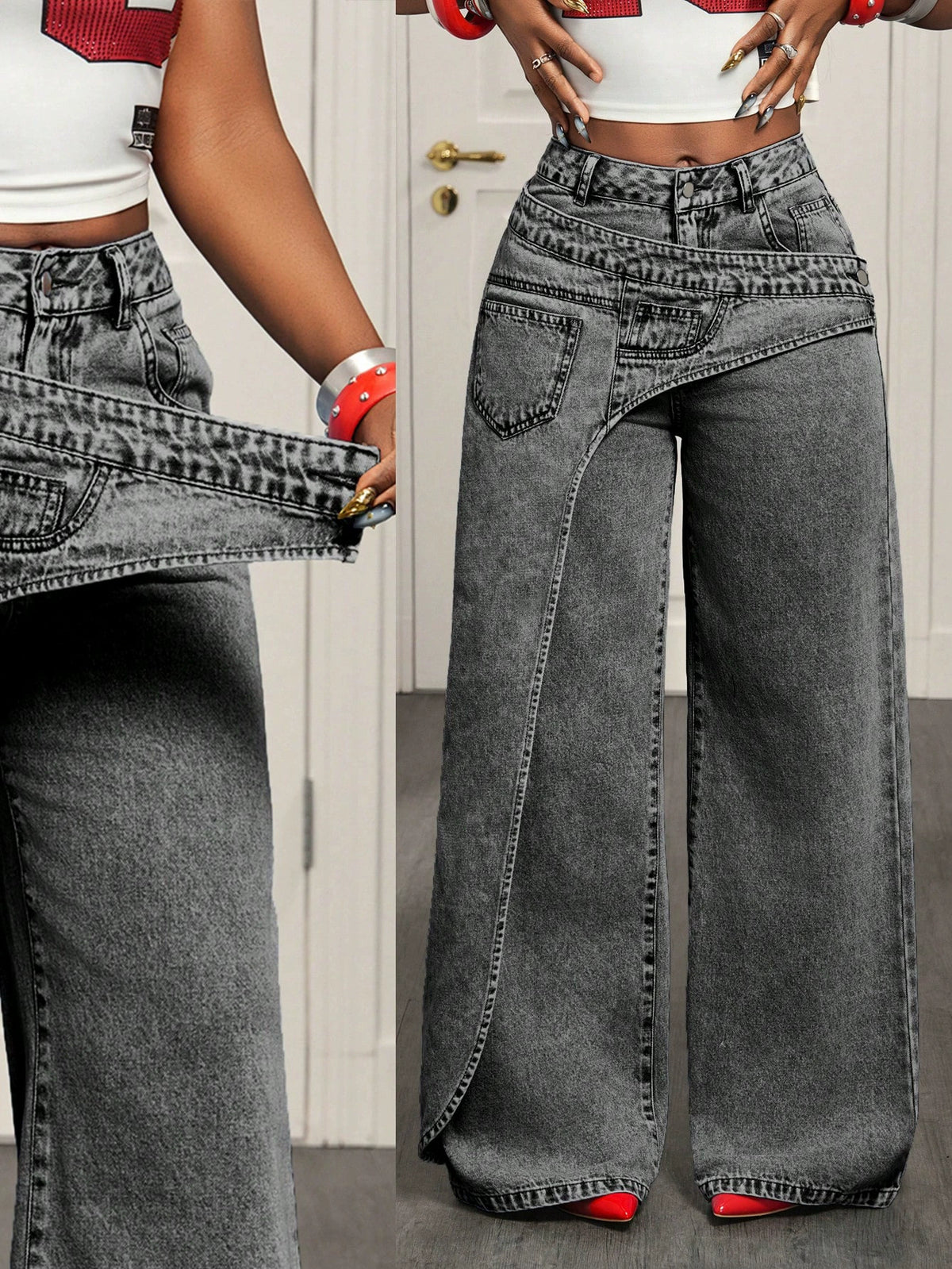 X-Spot Goods-66537 # Amazon Cross-Border European and American Versatile Casual Irregular Women's Wide-Leg Jeans Long Pants