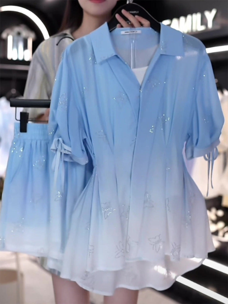 Enchanted French Gradient Waist Shirt: Elegant Disney-Inspired Summer Fashion for Women