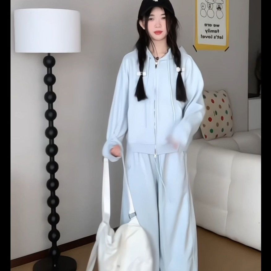 2026 New Stylish and Elegant Outfit Set for Women, Early Spring Blue Age-Reducing Casual Sports Sweatshirt Two-Piece Set