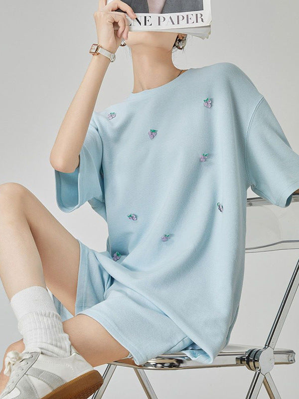 Baby Blue Grape Beaded Casual Sports Suit Women's Summer 2025 New Shorts T-Shirt Two-Piece Set Trendy