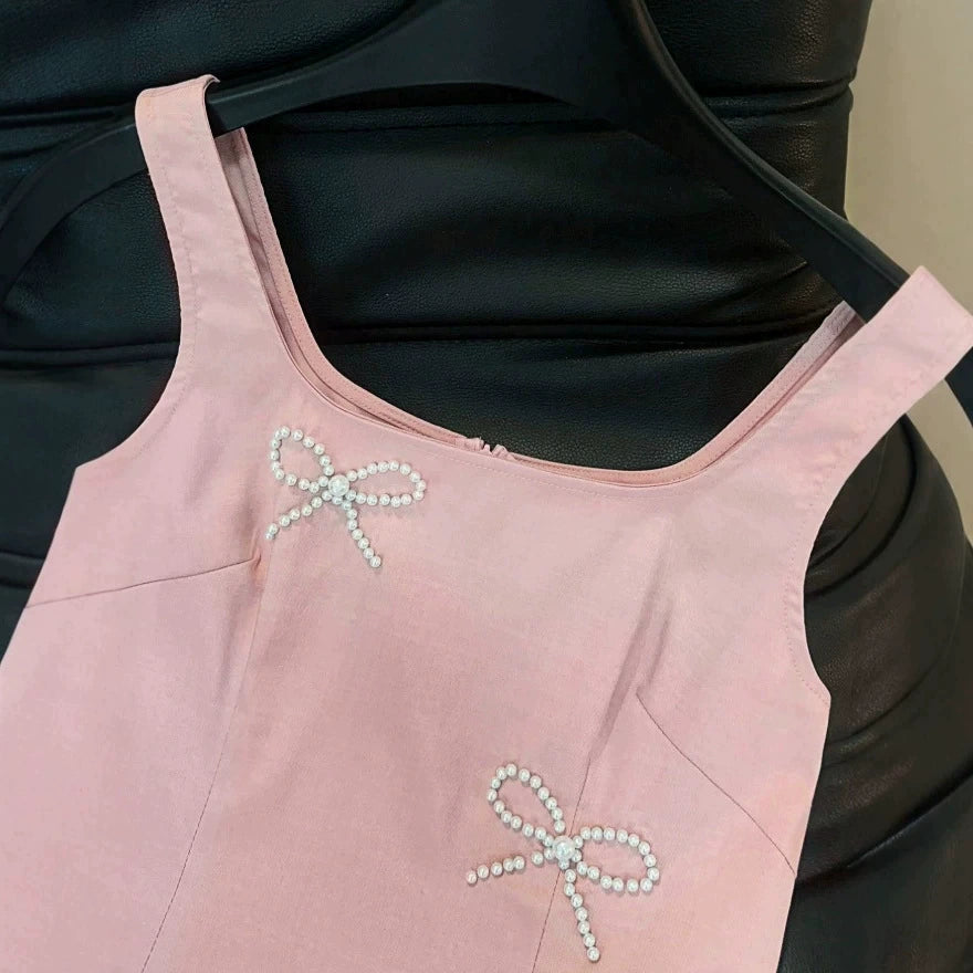 2026 European and American New Style Satin Square Neck Strap Short Dress with Handmade Pearl Bow Decoration Slim Fit Bodycon Dress