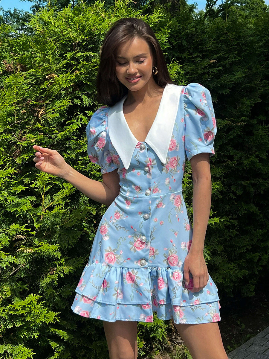 Cross-border French V-neck Puff Sleeve dress European and American 2025 Summer Waist Printed Skirt Ruffled dress