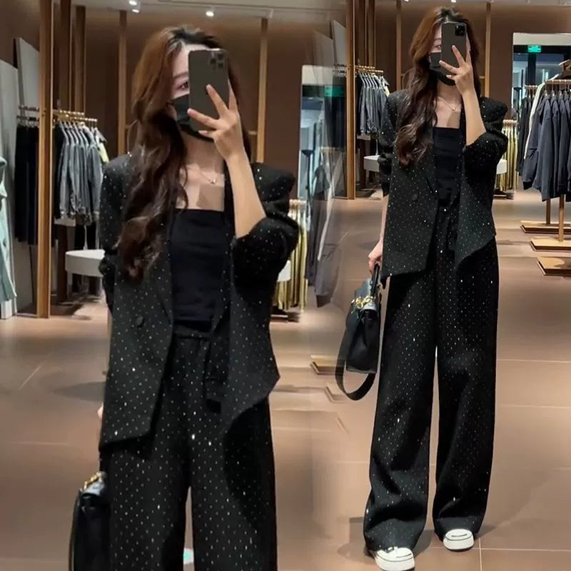 Fashionable Women's Autumn New Style Chanel-Inspired Slim-Fit Blazer and Wide-Leg Pants Two-Piece Set in Black