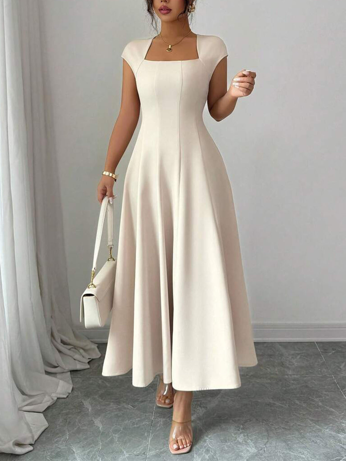 Elegant Square Neck Short-Sleeve Long Dress