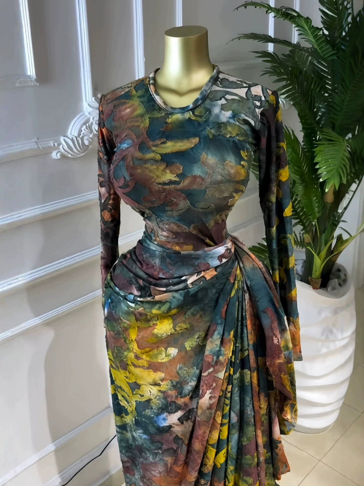 In-Stock 2026 Spring/Summer Cross-Border Ins European and American Style Printed Long Sleeve Ruched Dress Elegant Vacation Long Dress