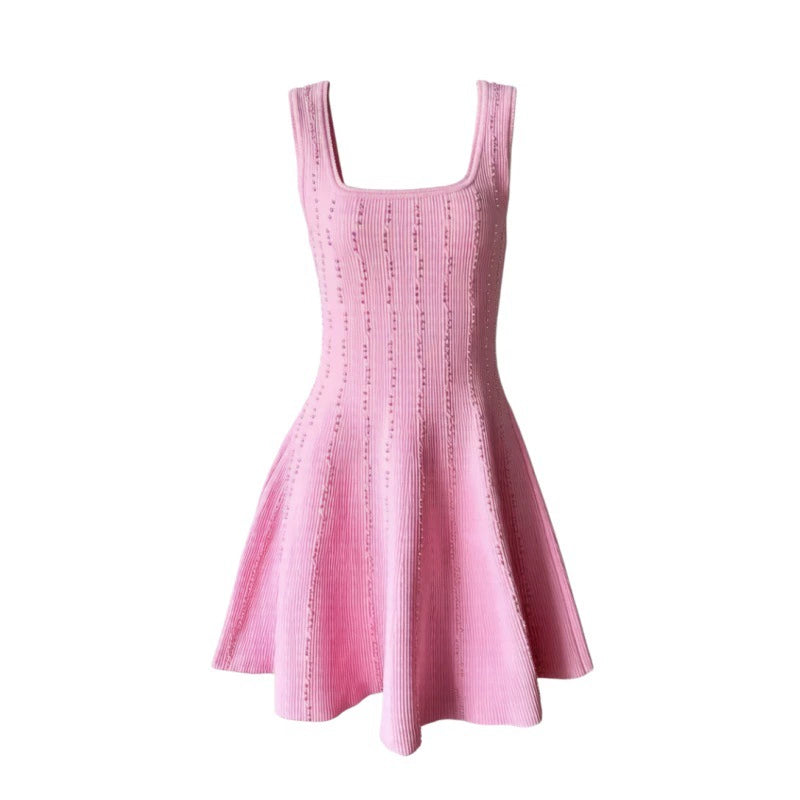 2026 Summer New Style French Women's Fashion Pearl Vertical Texture Waist-Cinching A-Line Skirt Strap Dress