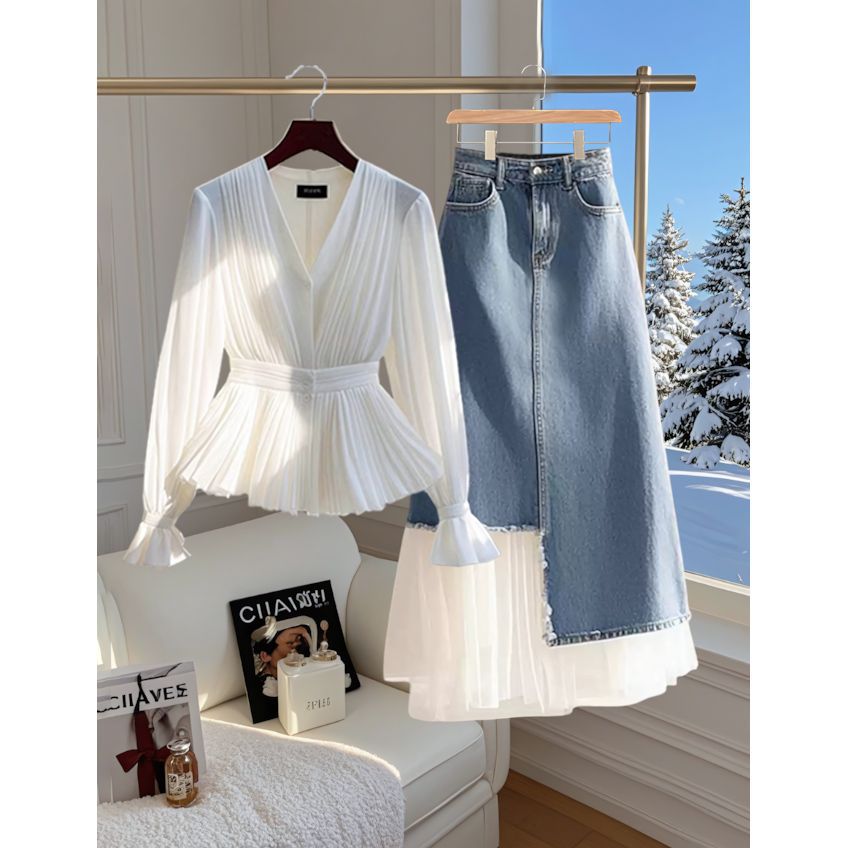 Early Spring French-Style Elegant Long-Sleeve Top with Denim Patchwork High-Waisted Hip-Covering Skirt Set New Arrival
