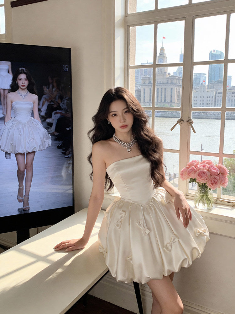 French-Style Princess-Style Strapless Waist-Cinching Slimming Puffy Dress Engagement Party Dress White Dress for Marriage Registration