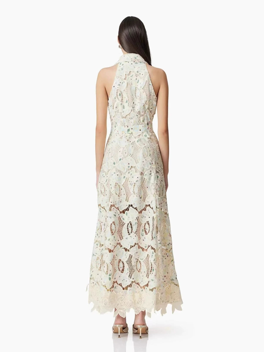 PAPARAZZI CLOSET French Fashion Elegant Lace Hollow Hook Dress Waist Sleeveless Wavy Edge Cardigan Long Skirt
