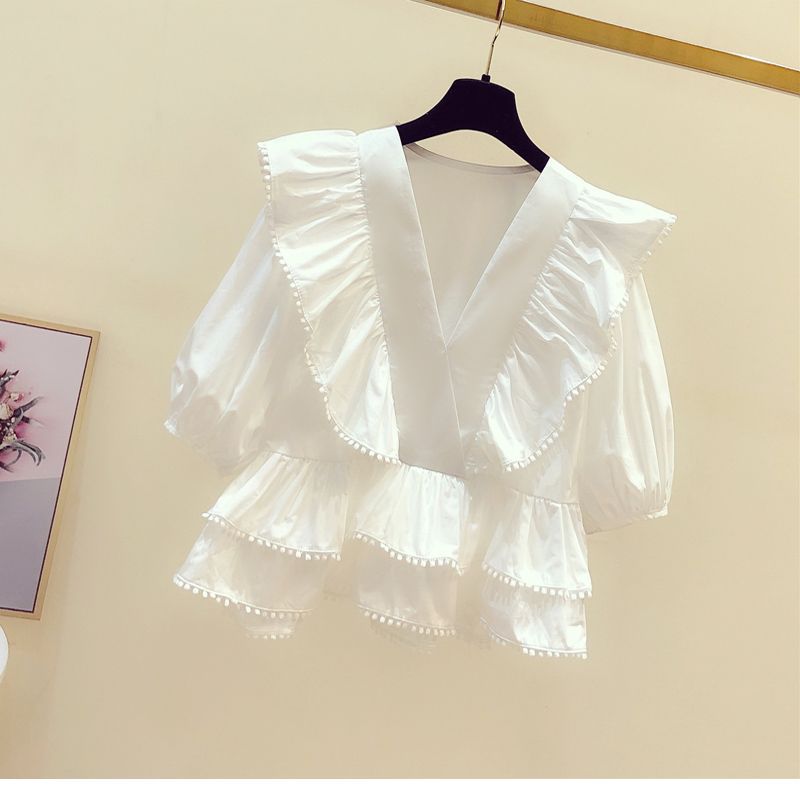 Disney-Inspired Enchanted Denim Ensemble: French Sweet Ruffled V-Neck Blouse & Split Lace Skirt