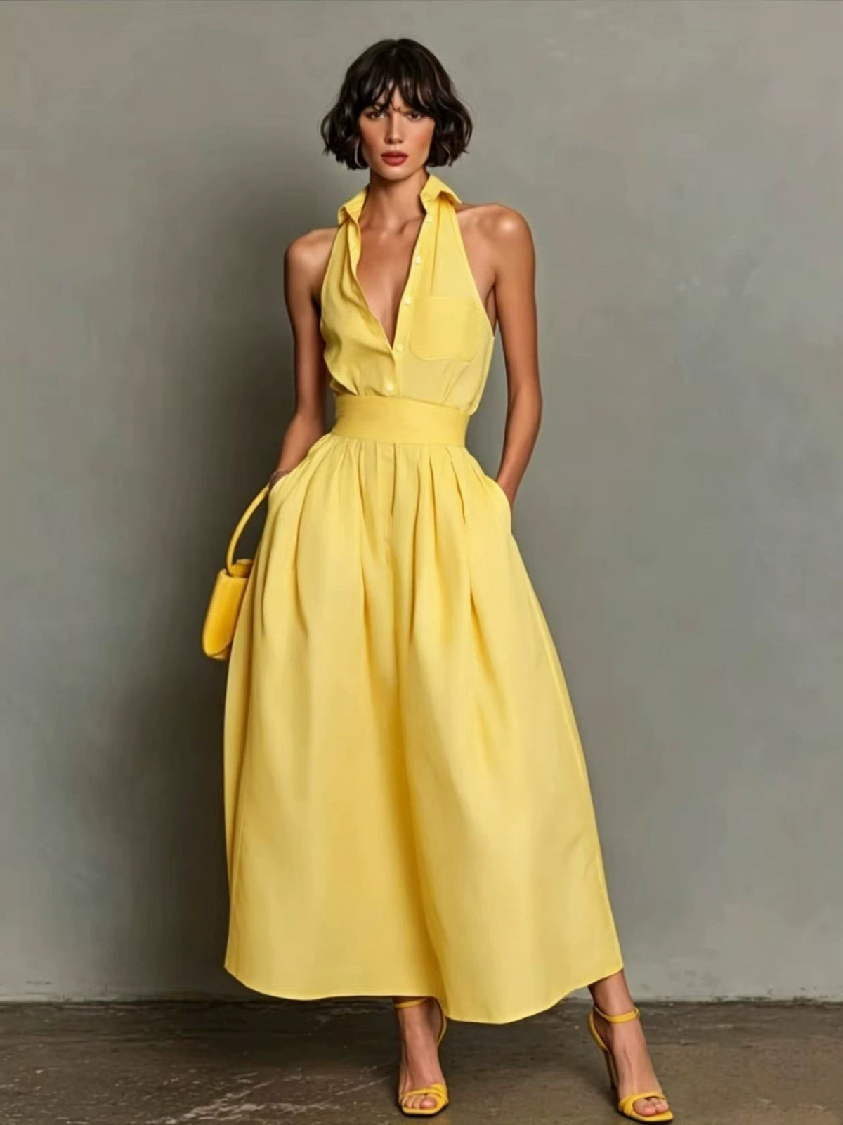 2026 New Summer European and American Cross-Border Amazon Foreign Trade Elegant Sleeveless Shirt Collar Women's High-Waisted Skirt