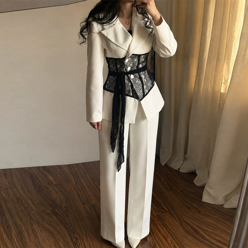 2026 Autumn Fashion European and American New Style Amazon Foreign Trade Cross-Border Women's Lace Patchwork Straight-Leg Pants Suit Set