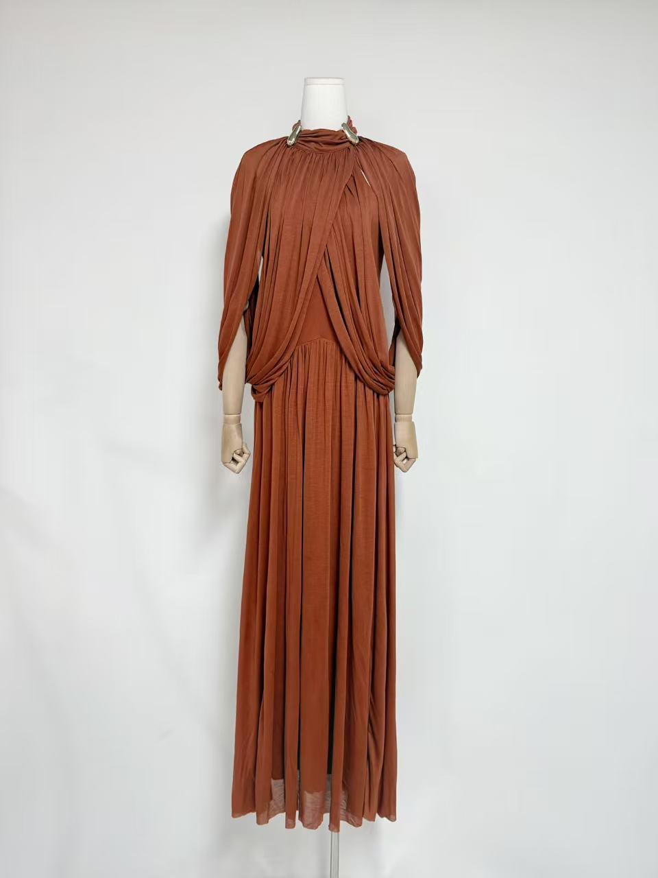 European and American Foreign Trade Cross-Border 2025 Autumn New Style Stand Collar Elegant Solid Color Pleated Knit Long Dress