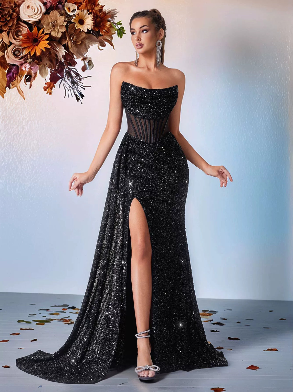 New Sequined Tube Top Slimming Look Evening Dress High Slit Model Catwalk Banquet Accessible Luxury Party Dress