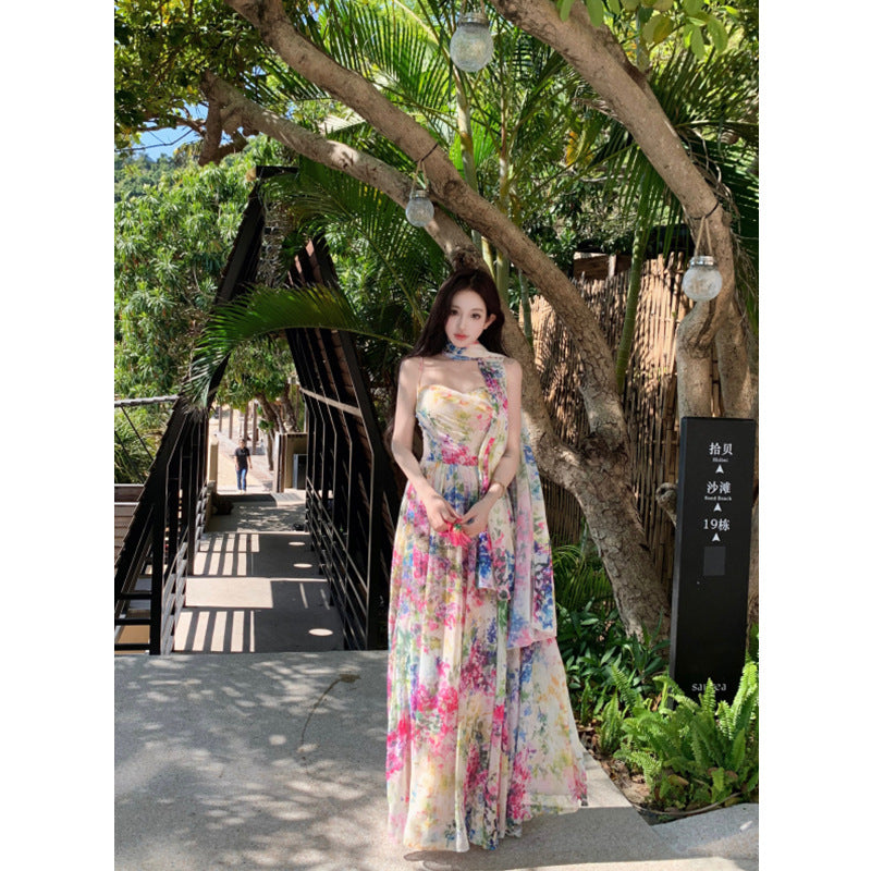 Xin Da Ke "Loving Summer" Floral Print Draped Strapless Dress with a Large Hem, Waist-Cinching Elegant Slim-Fit Long Dress