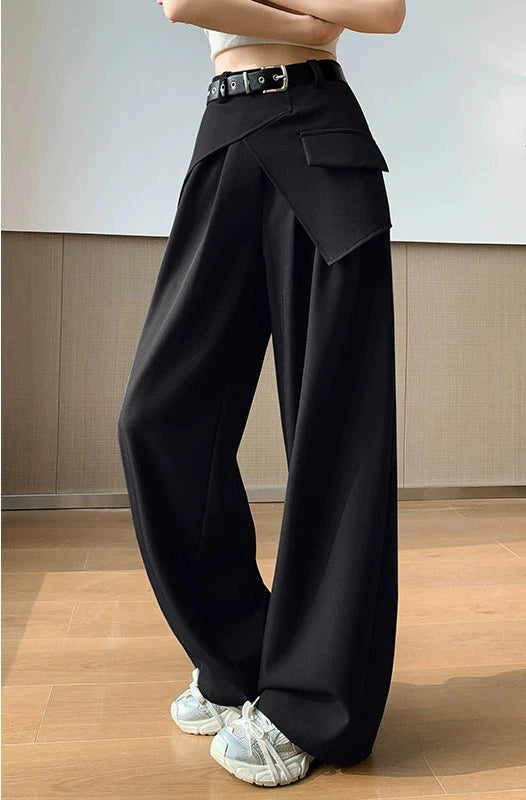 High-End Faux Two-Piece Draped Suit Wide-Leg Pants for Women, 2026 Spring New High-Waisted Slimming Casual Straight-Leg Floor-Length Pants
