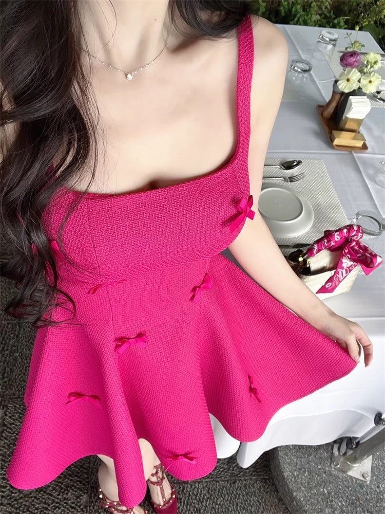 French-Style Elegant Dress for Petite Women, High-End Exquisite Princess Bow Dress with Spaghetti Straps