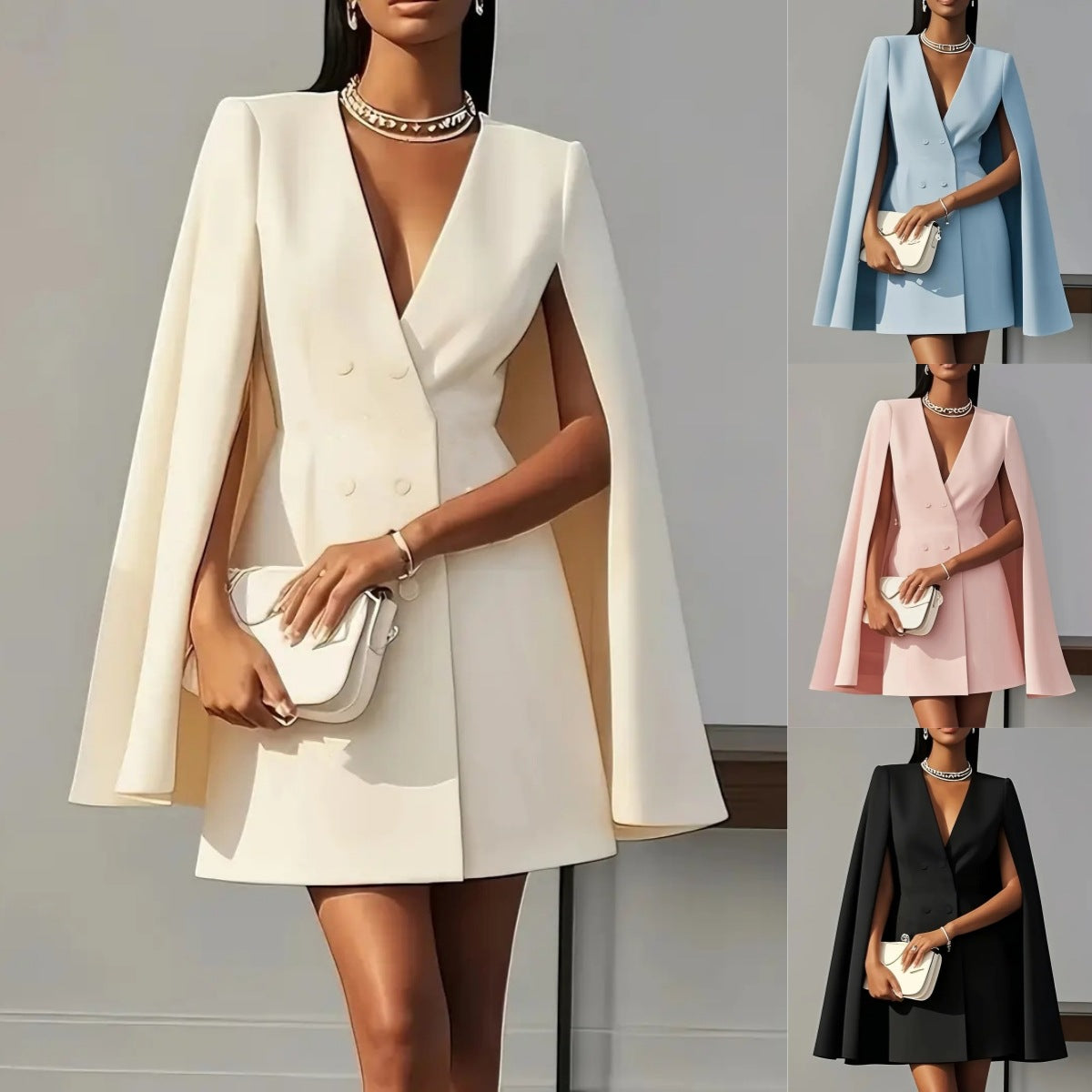 2026 European and American Cross-Border Foreign Trade Women's Clothing Autumn Double-Breasted Shawl Cape Solid Color Suit Dress for Women