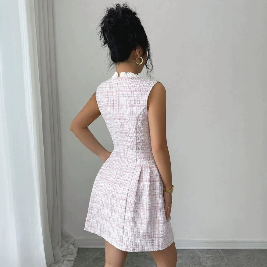 2026 New European and American Style Pink Sleeveless Dress with Bow, Stand Collar, Pearl Buttons, and Waist-Cinching A-Line Design