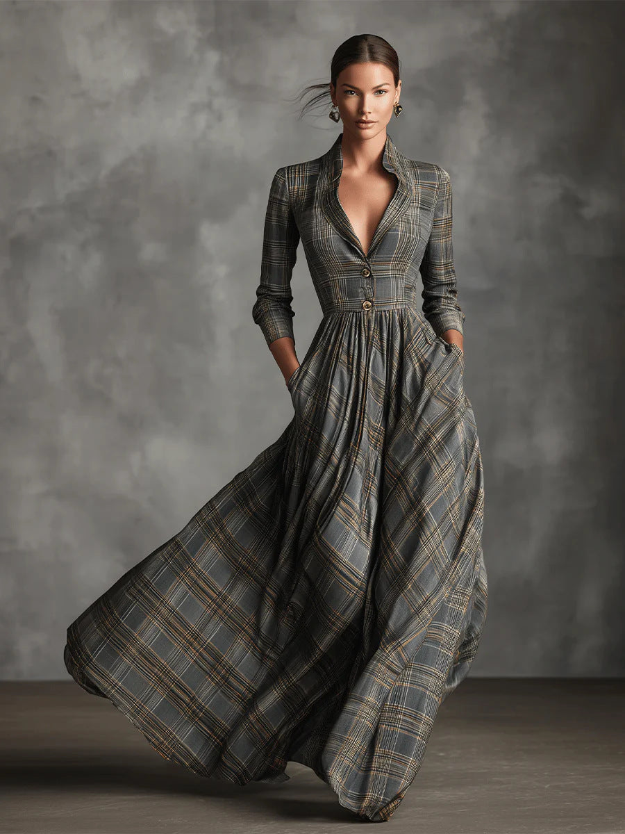 2025 Cross-Border European and American Clothing Autumn and Winter Retro Plaid Long Skirt with Elegant Elegant V Neck French Style Dress