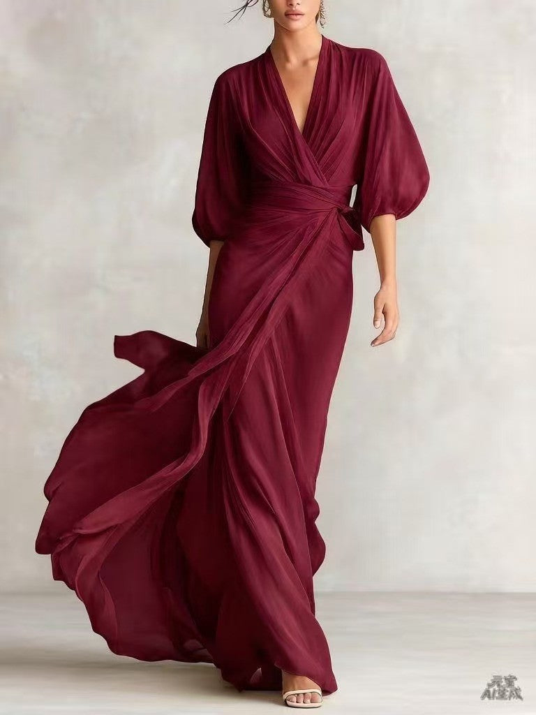 2026 European and American Amazon Socialite Deep V-Neck Long Dress with Lantern Sleeves and Cinched Waist for Romantic Autumn Banquets