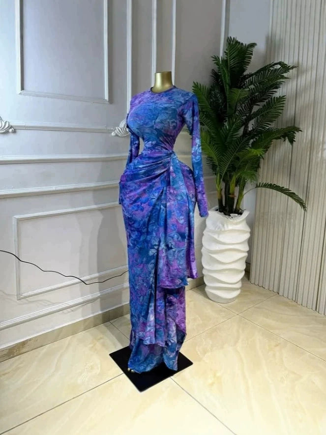 In-Stock 2026 Spring/Summer Cross-Border Ins European and American Style Printed Long Sleeve Ruched Dress Elegant Vacation Long Dress