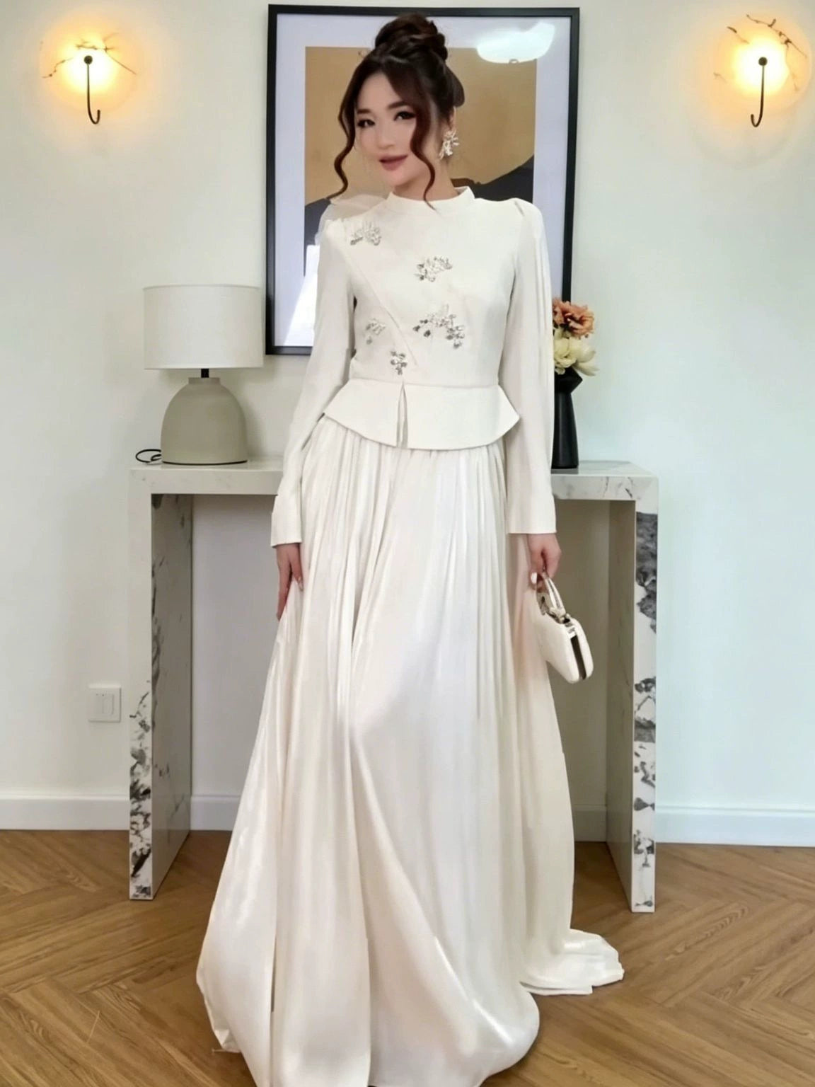 Spring 2026 European and American Amazon Cross-Border Heavy-Duty Rhinestone and Pearl Long-Sleeve Chiffon Dress