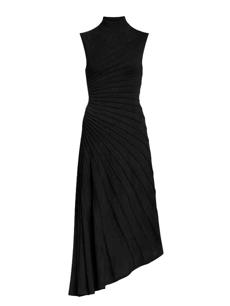 High-End Al Brand Classic Black 2025 Autumn/Winter New French Niche Minimalist Pleated Irregular Dress