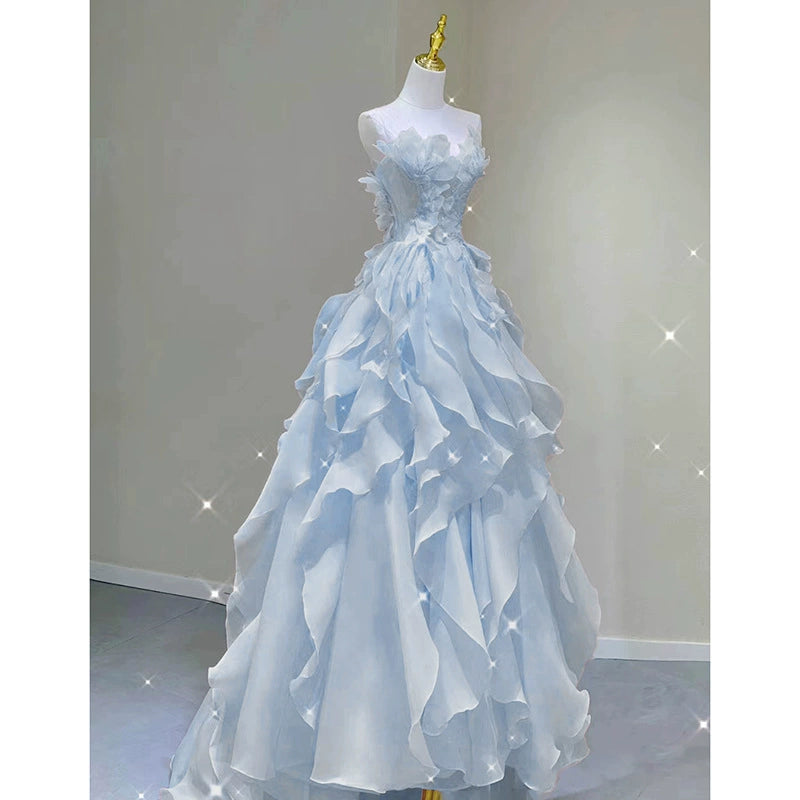 Blue Evening Dress 2026 Summer New Fairy-Style Strapless Trendy Banquet Host Graduation Adult Gown