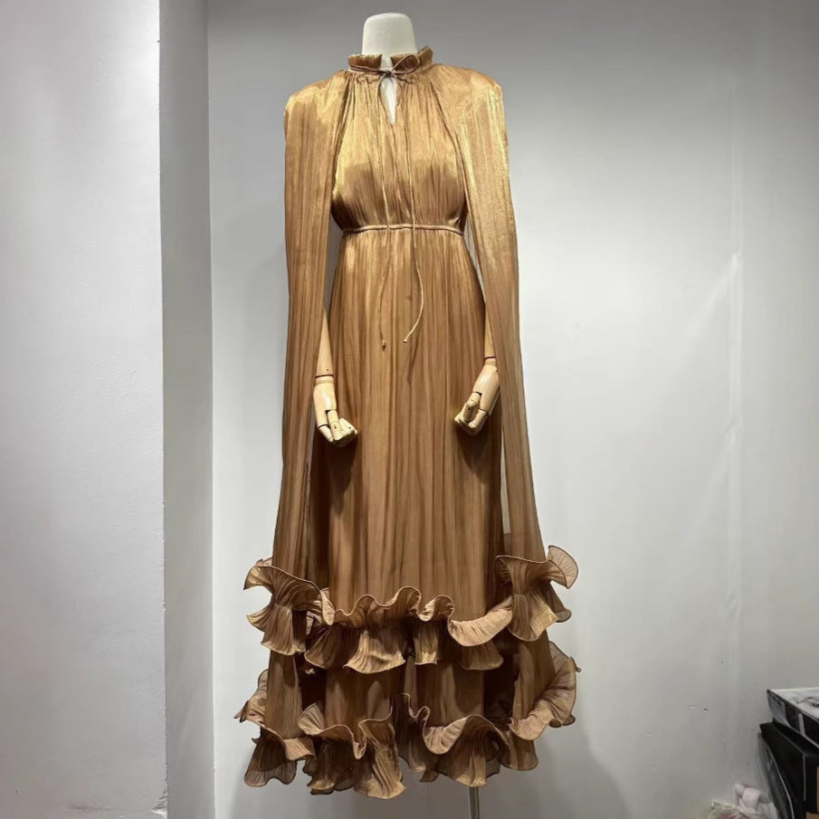 Australian Trendy Brand V-neck Vippet Style Wooden Edge Dress Women's Summer New Double-layer Hem Elegant dress