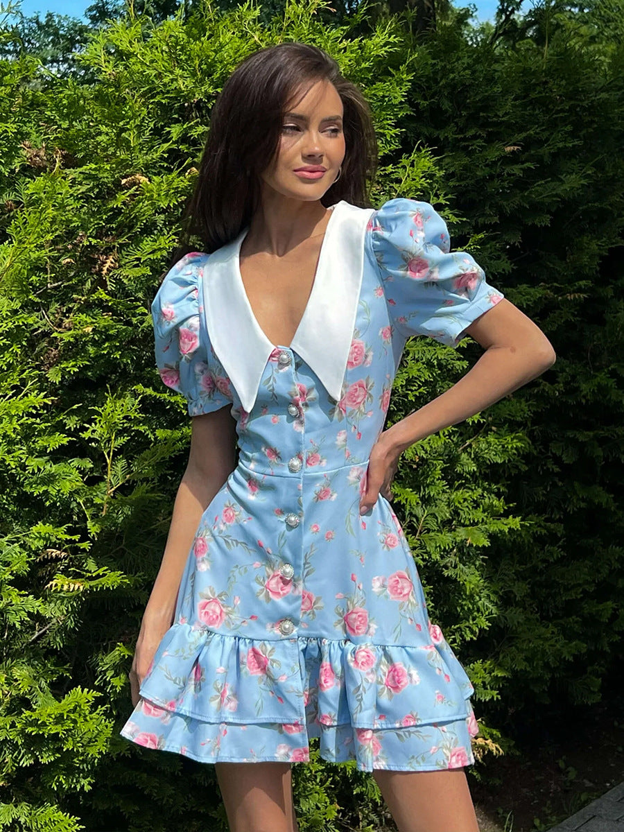 Cross-border French V-neck Puff Sleeve dress European and American 2025 Summer Waist Printed Skirt Ruffled dress