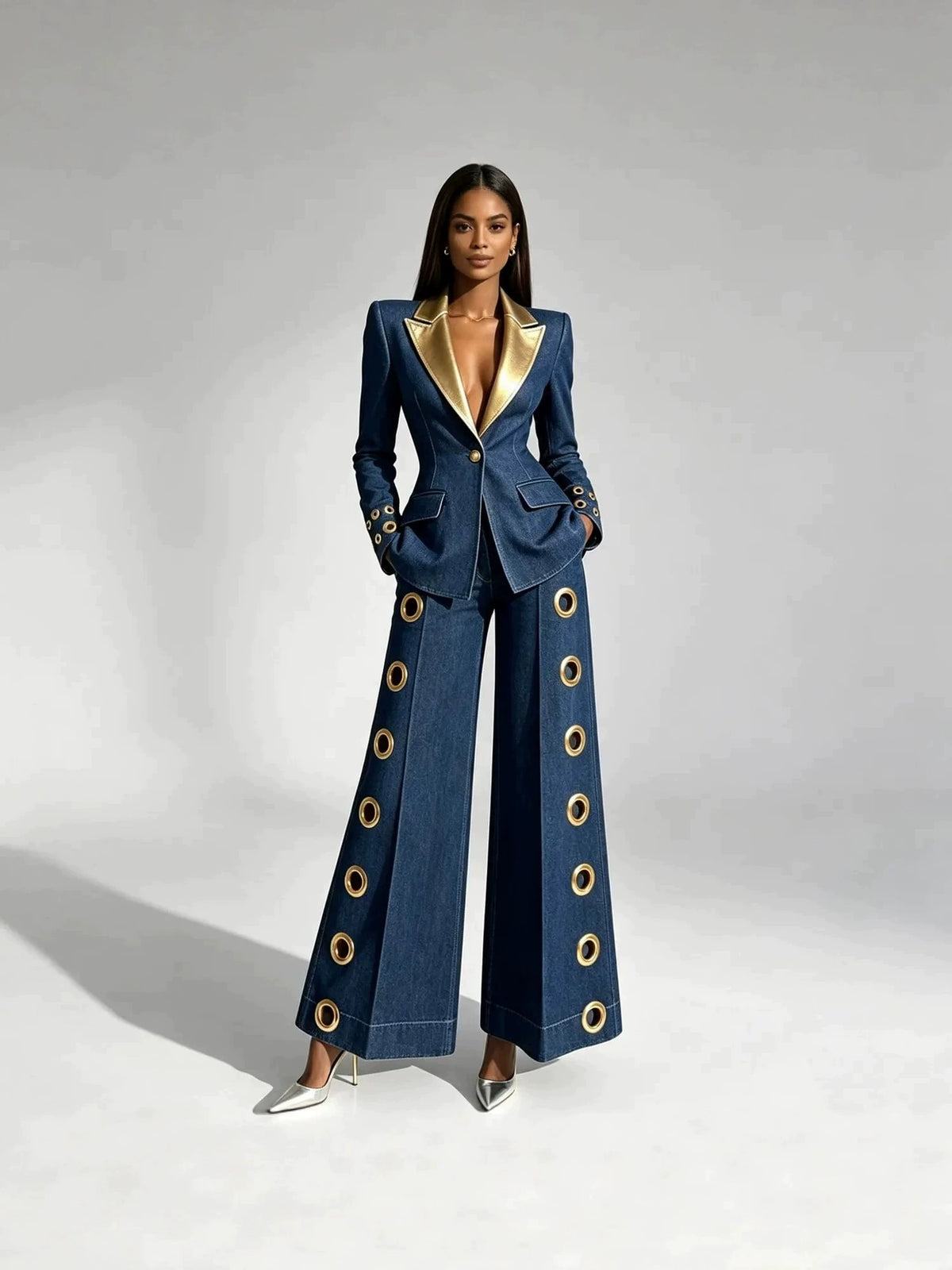 2026 European and American Autumn New Style Metal Eyelet Women's Solid Color Jacket + Jeans Set