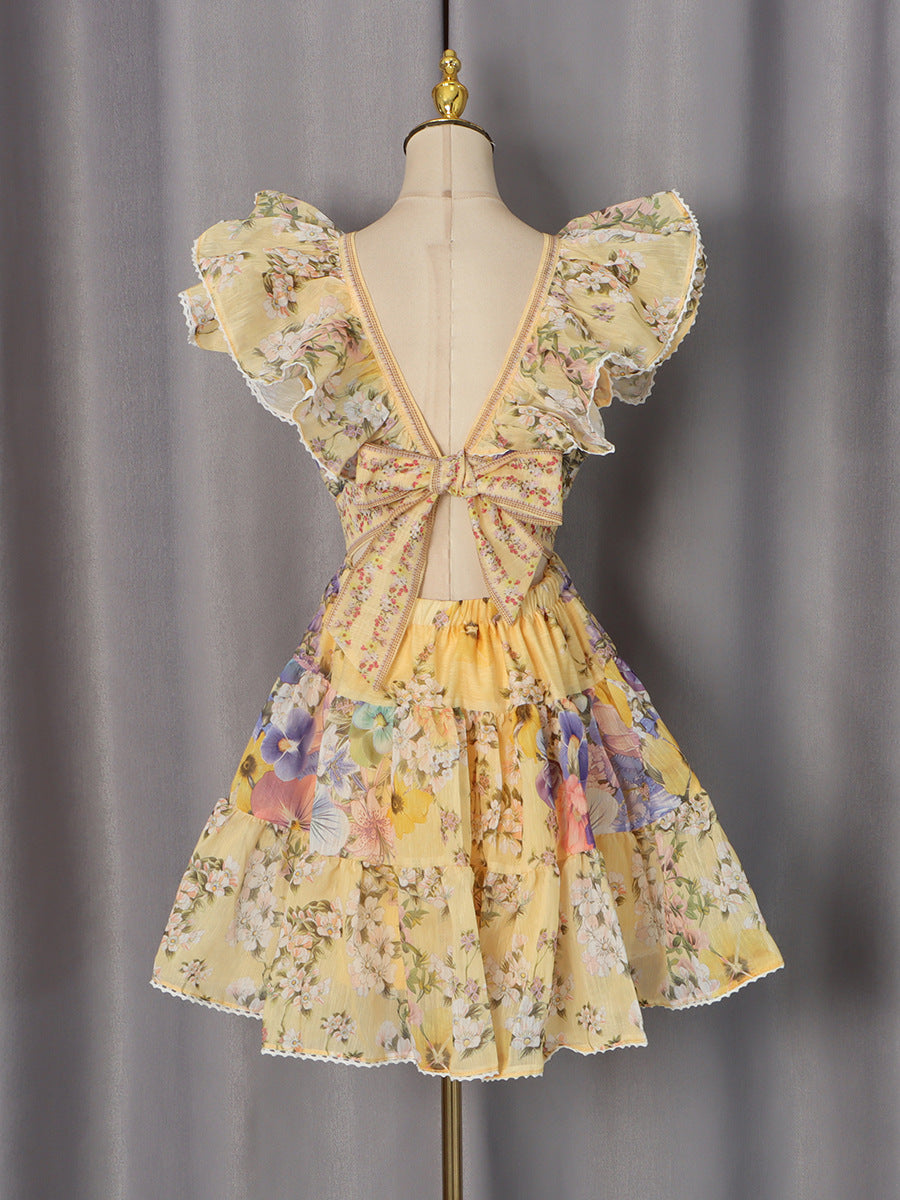 French-Style Elegant Flutter-Sleeve Short Dress 2026 Autumn New High-End Printed Patchwork Deep V-Neck Dress for Women