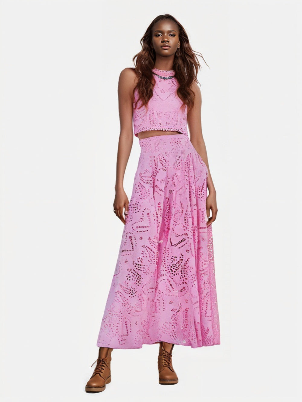 2025 Cross-border European and American Spring and Summer New Lace Women's Sleeveless Dress Pocket suit Casual Loose Two-piece Set