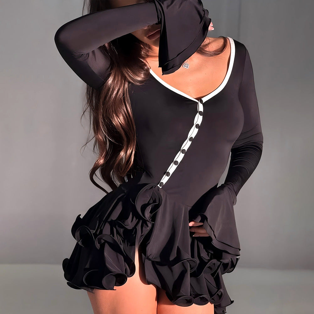 European and American Cross-Border Autumn New Hot-Selling Bell-Sleeve Waist-Cinching Short Skirt Foreign Trade Sexy Hot Girl Single-Breasted Dress for Women