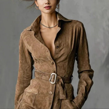 2025 Independent Foreign Trade Autumn Suede Fashion Long-Sleeve Turn-Down Collar Single-Breasted Short Shirt Dress with Belt