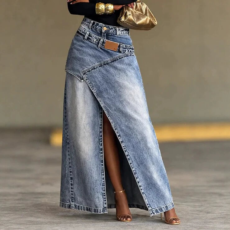 2026 Summer New European and American Cross-Border High-Waisted Irregular Slit Denim A-Line Long Skirt, Unique and Fashionable